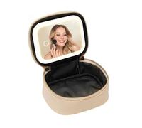 Makeup Bag with LED Mirror 3 Light Modes Touch Control 1000mAh Rechargeable Detachable Waterproof Travel Cosmetic Bag Beige Elitzia ET1300