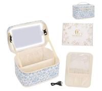 Makeup Bag With LED Mirror, Lightweight Travel Makeup Bag With 3 Color Setting Mirror Light Up Cosmetic Makeup Organizer Vanity Case for Women Beauty Tools Accessories Rechargeable Train Case-Floral