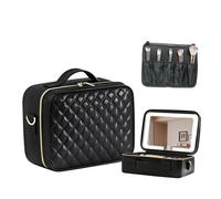 Makeup Bag with LED Mirror, Travel Cosmetic Organizer with Adjustable Compartments, Three-Colour Light Source，Black Storage Box for Makeup Artists