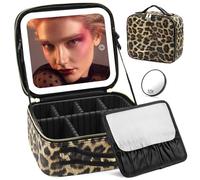 Makeup Bag with Light Up Mirror, Lighted Travel Makeup Case Organizer, Makeup Bag with Mirror and Light 3 Color Adjustable Brightness, Travel Makeup Train Case Portable Cosmetic Bag for Women(Leopard)