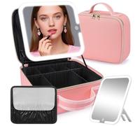 Makeup Bag with Mirror and Light, Travel Makeup Train Case with LED Lighted Removable Mirror, Portable Cosmetic Organizer Make up Bag with 3 Colors Dimming Light, Adjustable Dividers & Brush Board