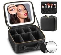 Makeup Bag with Mirror and Lights 3 Color, Travel Make up Bag Portable Lighted Makeup Case Organizer, Cosmetic Storage Case with 2-Layers Adjustable Dividers & 10X Magnifying Mirror(Black)