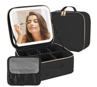 Makeup Bag With Mirror,Travel Makeup Bag With LED Mirror,Travel Organizer Makeup,With 3 Colour light Settings and Lighted Makeup Case ,Travel Portable Storage Box,Adjustable Divider Makeup Bag(Black