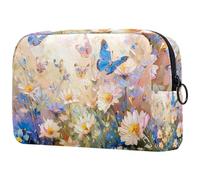 Makeup Bag with Zipper Blue Butterflies White Flowers Painted Cute Makeup Pouch Waterproof Cosmetic Bag Birthday Gift for Women Girls