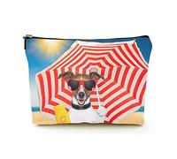 Makeup Bag Women Linen Travel Cosmetic Bags for Business Trip,Dog at The Beach Under red and White Umbrella, Beautiful Makeup Pouch
