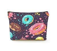 Makeup Bag Women Linen Travel Cosmetic Bags for Business Trip,Donuts with Pink Chocolate Lemon Blue Mint Glaze, Beautiful Makeup Pouch