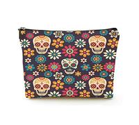 Makeup Bag Women Linen Travel Cosmetic Bags for Business Trip,Hand Drawn Sugar Skull and Flowers, Beautiful Makeup Pouch