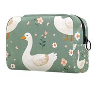 Makeup Bags for Women Cute Goose and Flowers on Green Background Pencil Case Travel Zipper Pouch Portable Toiletry Organizer for Teen Girls