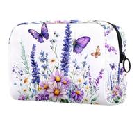 Makeup Bags for Women Wildflowers Purple Bluebell Sage Chamomile with Butterflies Pencil Case Travel Zipper Pouch Portable Toiletry Organizer for Teen Girls