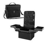 Makeup Box Large Beauty Manicure Storage Box Travel Vanity Case Train Cosmetic Box with Nylon Fabric Shoulder Strap Black 29x21x27cm