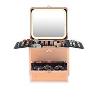 Makeup Box with Drawer and Lighted Mirror Travel Train Case, Cosmetic Organizer with Adjustable Dividers and Magnetic led Mirror (Rose Gold)