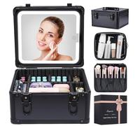 Makeup Box with Led Mirror,Travel Train Case with Rechargeable Lighted Mirror Adjustable Dividers,Cosmetic Brush Organizer Storage for Makeup Artists,Appropriate Gift for Women and Girls Black