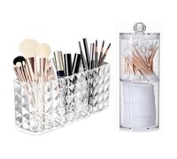Makeup Brush Holde, 1 PCS 3 Slots Clear Acrylic Makeup Brush Holder, with 1 PCS Lids Cotton Pads Holder Cotton Swab Organiser for Eyeliners, Lipstick, Mascara and more Make-Up Storage