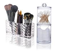 Makeup Brush Holde, 3 Slot Clear Acrylic Makeup Brush Organiser with Lids Cotton Pads Holder Cotton Swab Organiser for Bathroom Bedroom Dress Table Vanities Office Desk 18.5 x 6 cm Transparent