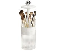 Makeup Brush Holder, Press-Pop Automatic Lift Make Up Brush Holder, 4 Compartments Dustproof Transparent Brush Organiser for Room Decor, Dressing Table, Toilet, Bedroom, Bathroom(White)