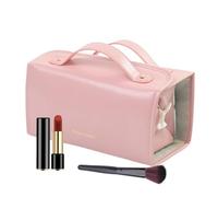 Makeup Brush Holder Travel, Roll-up Cosmetic Bag, Portable Makeup Brush Holder, PU Leather Toiletry Bag, Clear Compartment Organizer, Travel Makeup Brush Case, Foldable Makeup Bag, pink,