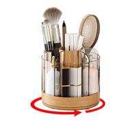 Makeup Brush Organizer - 6 Slots Acrylic Vintage Storage, Makeup Organizer Vanity Brush Holder for Women Cosmetics Nail Gel Perfume Home Bedroom Bathroom Desk Vanity Countertop Equipment, Natural Wood