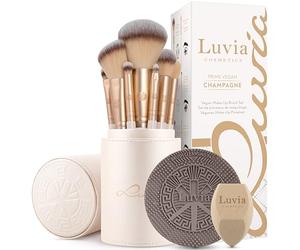 Makeup Brush Set 11 Pieces - Vegan Professional Makeup Brush with Brush Holder, Beauty Sponge & Cleaning Pad | Prime Vegan Champagne Luvia Cosmetics