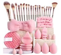 Makeup Brush Set and Sponge Kit for Beginners, Synthetic Cosmetic Brushes with Triangle Powder Puffs Mini Sponges Spa Headband and Wash Wristbands for Face and Eye Makeup (40Pcs, Pink)