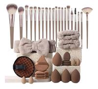 Makeup Brush Set and Sponge Kit for Beginners, Synthetic Cosmetic Brushes with Triangle Powder Puffs Mini Sponges Spa Headband and Wash Wristbands for Face and Eye Makeup (40Pcs, Brown)