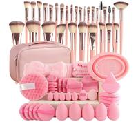 Makeup Brush Set and Sponge Kit for Beginners, Synthetic Cosmetic Brushes with Triangle Powder Puffs Mini Sponges Spa Headband and Wash Wristbands for Face and Eye Makeup (67Pcs, Pink)