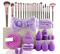 Makeup Brush Set and Sponge Kit for Beginners, Synthetic Cosmetic Brushes with Triangle Powder Puffs Mini Sponges Spa Headband and Wash Wristbands for Face and Eye Makeup (40Pcs, Purple)