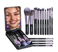 Makeup Brushes Foundation Powder Concealers Eye Shadows Travel Makeup Brush Set with LED light Mirror 14 Pcs Mini Makeup Brushes (PURPLE)