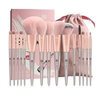 Makeup Brushes HEYMKGO 15pcs Premium Synthetic Bristles Green Conical Handle Kabuki Foundation Brush Makeup Sets Professional Portable Flannel Bag (Pink)