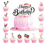 Makeup Cake Decorations, 24 Pcs Makeup Cupcake Toppers + 1 Pcs Makeup Theme Cake Toppers/Makeup Cake Topper for Makeup Birthday Party Decorations & Spa Party Decorations