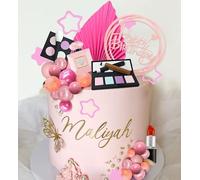 Makeup Cake Toppers Glamour Party Decorations Pink Girl Birthday Cake Topper Balls Palm Leaves Cake Topper Spa Birthday Party Cake Toppers