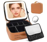 Makeup Case Organizer with Lighted Mirror, Travel Makeup Bag with Mirror and Lights Partitionable Makeup Bag with 2 Layers Adjustable Dividers, Cosmetic Case with Detachable 10X Magnification(Brown)