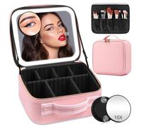Makeup Case with Mirror and Lights, Travel Makeup Bag with Lighted Mirror, Partitionable Makeup Case with 2-Layers Adjustable Dividers, Portable Cosmetic Case Makeup Organizer Bag for Women(Pink)