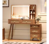 Makeup Desk with Mirror & Lights 5 Ders & Sto Rattan Design Adjustable Brightness & 3 Color M Perfect Dressing Table for Glamorous Makeovers