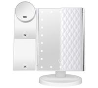 Makeup Mirror with Lights 1X 2X 3X 10X Magnification, Lighted Makeup Mirror for Desk, Touch Control, Tri-Fold Portable LED Make up Mirror, Two Power Supply Modes, White