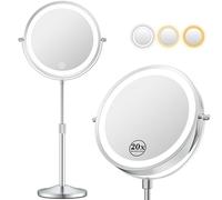Makeup Mirror with Lights, Height-Adjustable Lighted Makeup Mirror with 1X/20X Magnification, 360° Swivel Rechargeable Double Sided Vanity Mirror with 3 Color Dimmable Lights, Gifts for Women