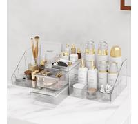Makeup Organiser,2 In 1 Large Capacity Cosmetic Organiser With 2 Drawers And 16 Compartment, Suitable For Bathroom Bedroom Dressing Table-Clear
