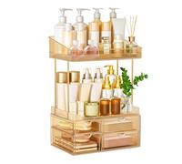 Makeup Organiser - Upgraded Transparent Perfume Organiser with 2 Shelves & 4 Drawer, Make up Storage Non-Slip Design, Skincare Drawer Organisers for Bathroom/Bedroom/Kitchen/Vanity, Tawny
