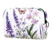 Makeup Organizer Bag Purple Bluebell Flowers Sage Chamomile with Butterflies Pencil Case Cosmetic Storage Bag Portable Toiletry Pouch for Women Men