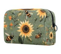 Makeup Organizer Bag Sage Green with Sunflowers Bees Pencil Case Cosmetic Storage Bag Portable Toiletry Pouch for Women Men