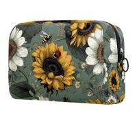 Makeup Organizer Bag Sage Green with Yellow Sunflowers and Bees Seamless Pattern Pencil Case Cosmetic Storage Bag Portable Toiletry Pouch for Women Men
