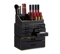 Relaxdays Makeup Organizer with Drawers, Stacking Makeup and Jewellery Box, Acrylic Cosmetic Kit, Black-Gold