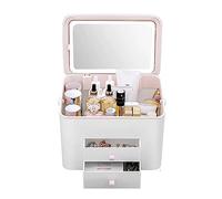 Makeup Organizer Portable Makeup Storage Organizer Box with Detachable LED Mirror，Cosmetics Case with 2 Drawers and Cover, for Bedroom Vanity Desk Dresser(White)