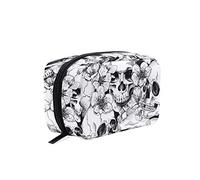 Makeup Pouch Sugar Skull Rose Peony Flower Print Cosmetic Toiletry Bag Storage Large Travel Handle Personalised with Compartments for Teenage Girl Women Lady White Black