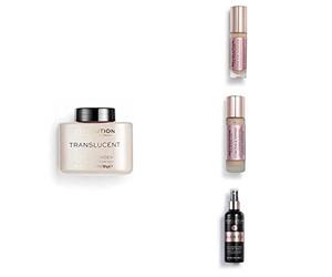 Makeup Revolution, Perfect Base Face Bundle, Conceal & Define C7 / F7 Concealer & Foundation, Translucent Loose Baking Powder and Glow Fixing Spray