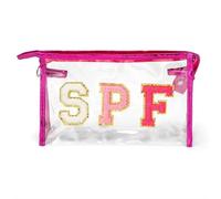 Makeup Storage Bag Preppy Patch SPF Varsity Letter Cosmetic Toiletry Bag for Women Aesthetic Waterproof Felt Material Organizer Zipper Clutch Purse for Make Up(DO-E10120P)