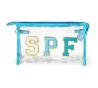 Makeup Storage Bag Preppy Patch SPF Varsity Letter Cosmetic Toiletry Bag for Women Aesthetic Waterproof Felt Material Organizer Zipper Clutch Purse for Make Up(DO-AS0120BO)