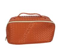 Makeup Storage Bag PU Leather Woven Pattern Zipper Closure Cosmetic Organize Pouch for Travel (Brown)