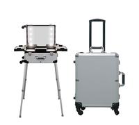 Makeup Suitcase with Wheels and Stands - Rolling Makeup Case with Mirror and 8 LED Lights for Travel - Silver Makeup Station