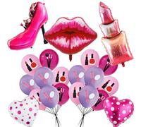 Makeup Theme Birthday Party Decorations - 14 Pcs Pink Make Up Foil Balloons Lipstick Lips Heart High Heels Balloon Set for Girls Women Ladies Birthday Bridal Showers Spa Party Decor Supplies