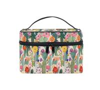 Makeup Train Case Cactus and Flowers Carrying Portable Zip Travel Cosmetic Brush Bag Organizer Large for Women